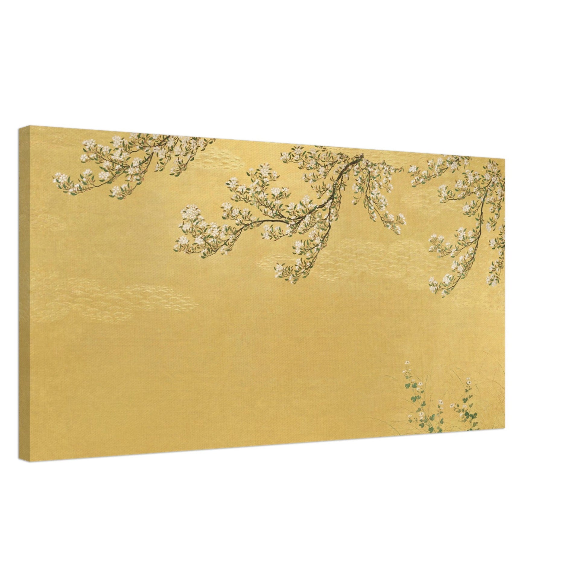 Japanese Cherry Blossoms In Gold - Framed Canvas Wall Art - mykodu
